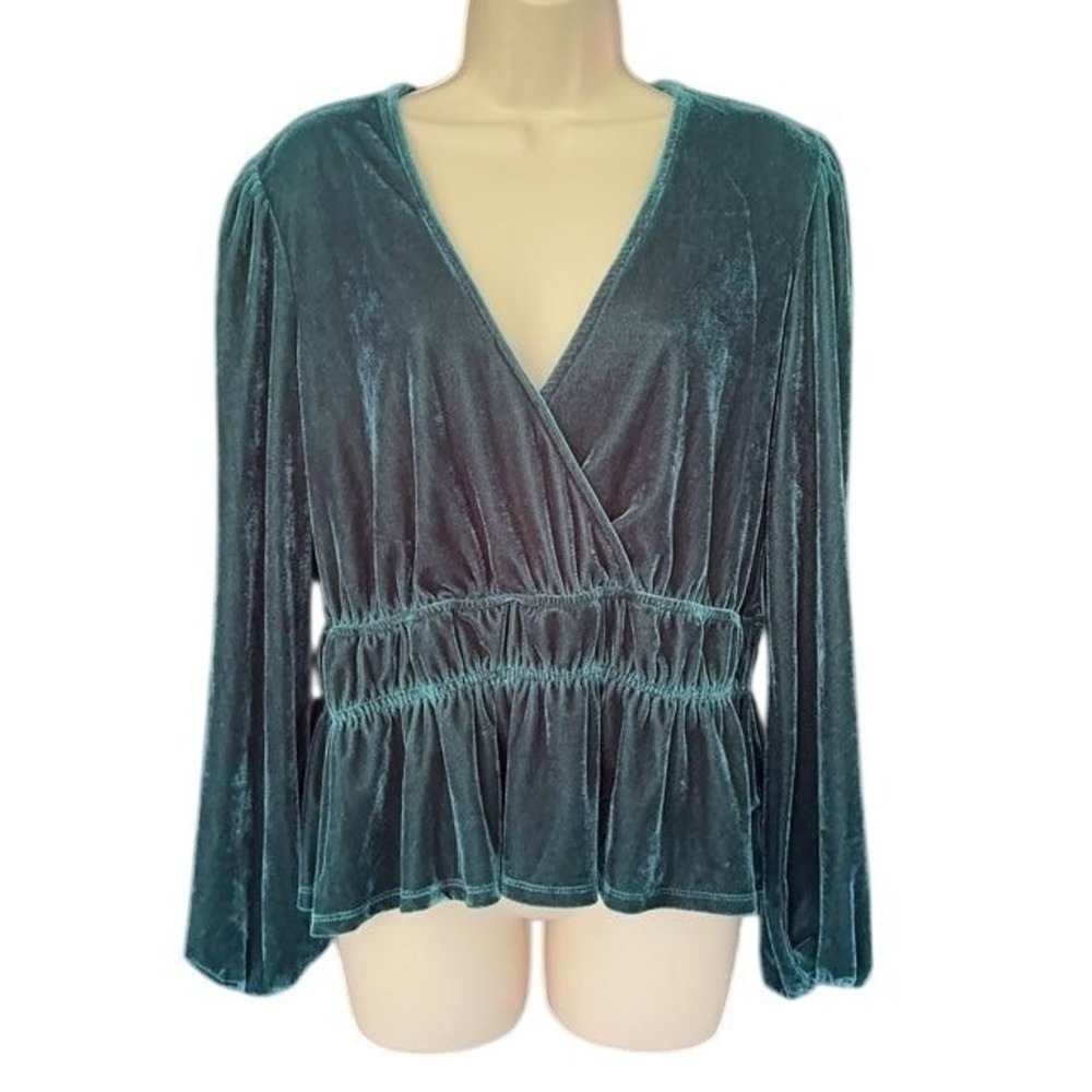 True Craft Women XL Teal Green Velvet Peplum‎ Top Long Sleeve Wrap V-Neck Blouse